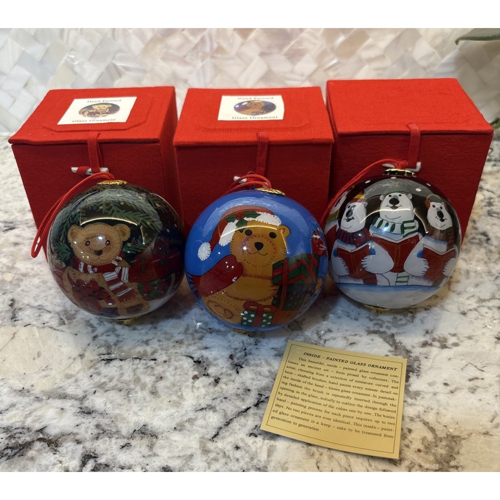 3 Vintage Glass Reverse Painted Bears Christmas Ornament with Box Teddy Polar